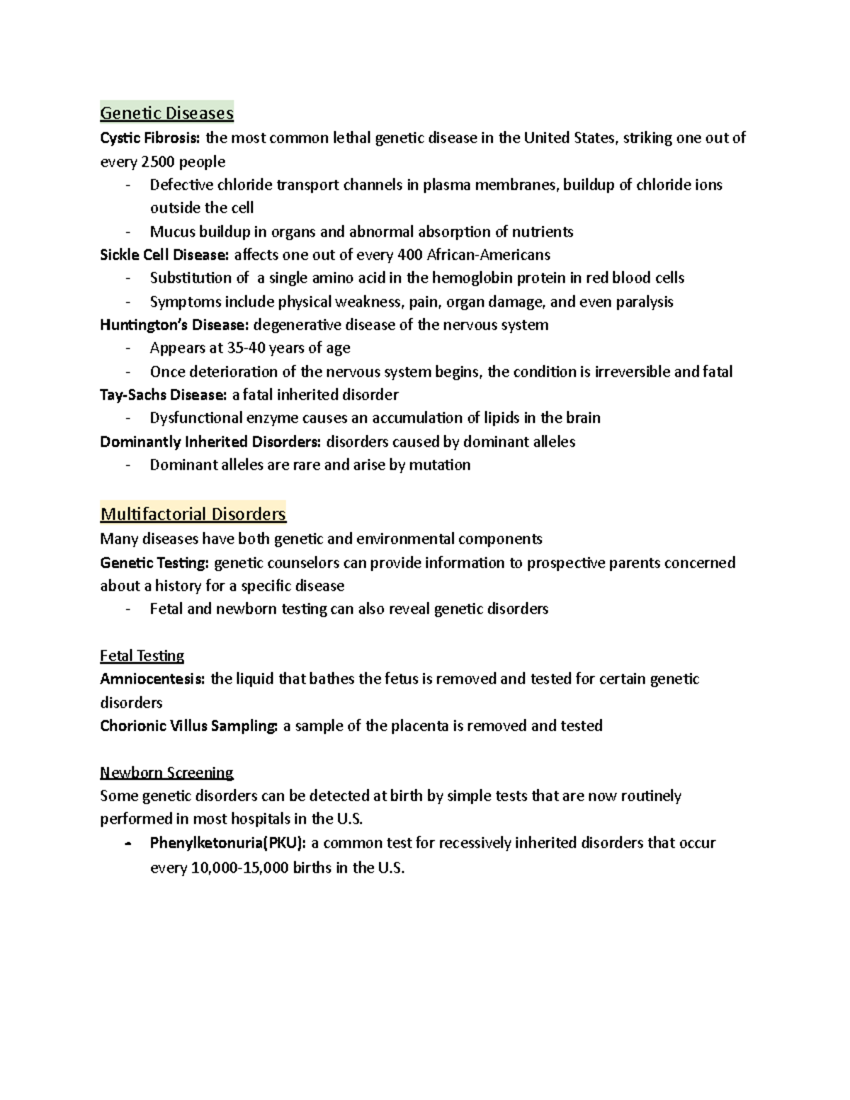 BIOL 140 Chapter 14 Notes - Part 3 - Genetic Diseases Cystic Fibrosis ...