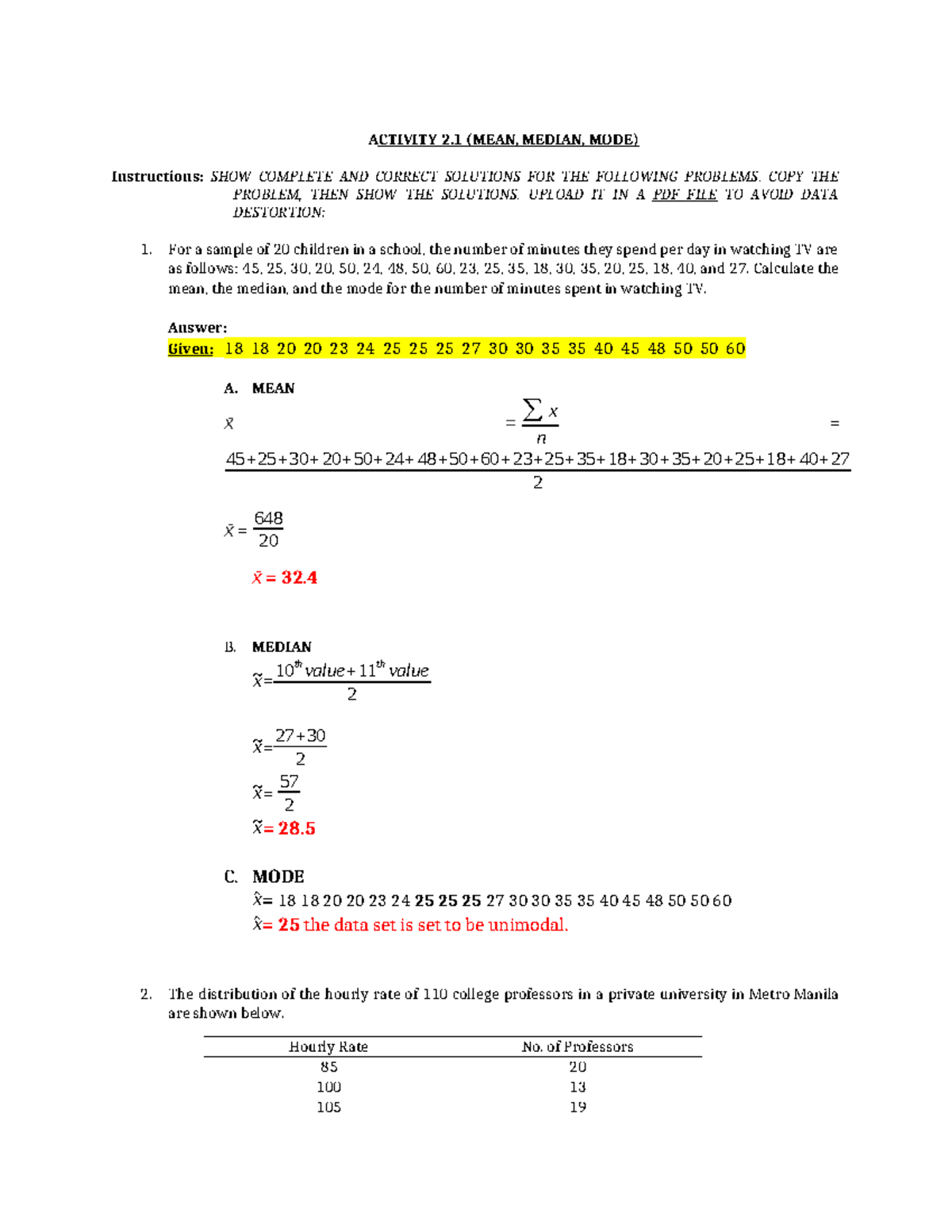 UNIT 2.1 Activity mmworld 2nd edition - ACTIVITY 2 (MEAN, MEDIAN, MODE ...