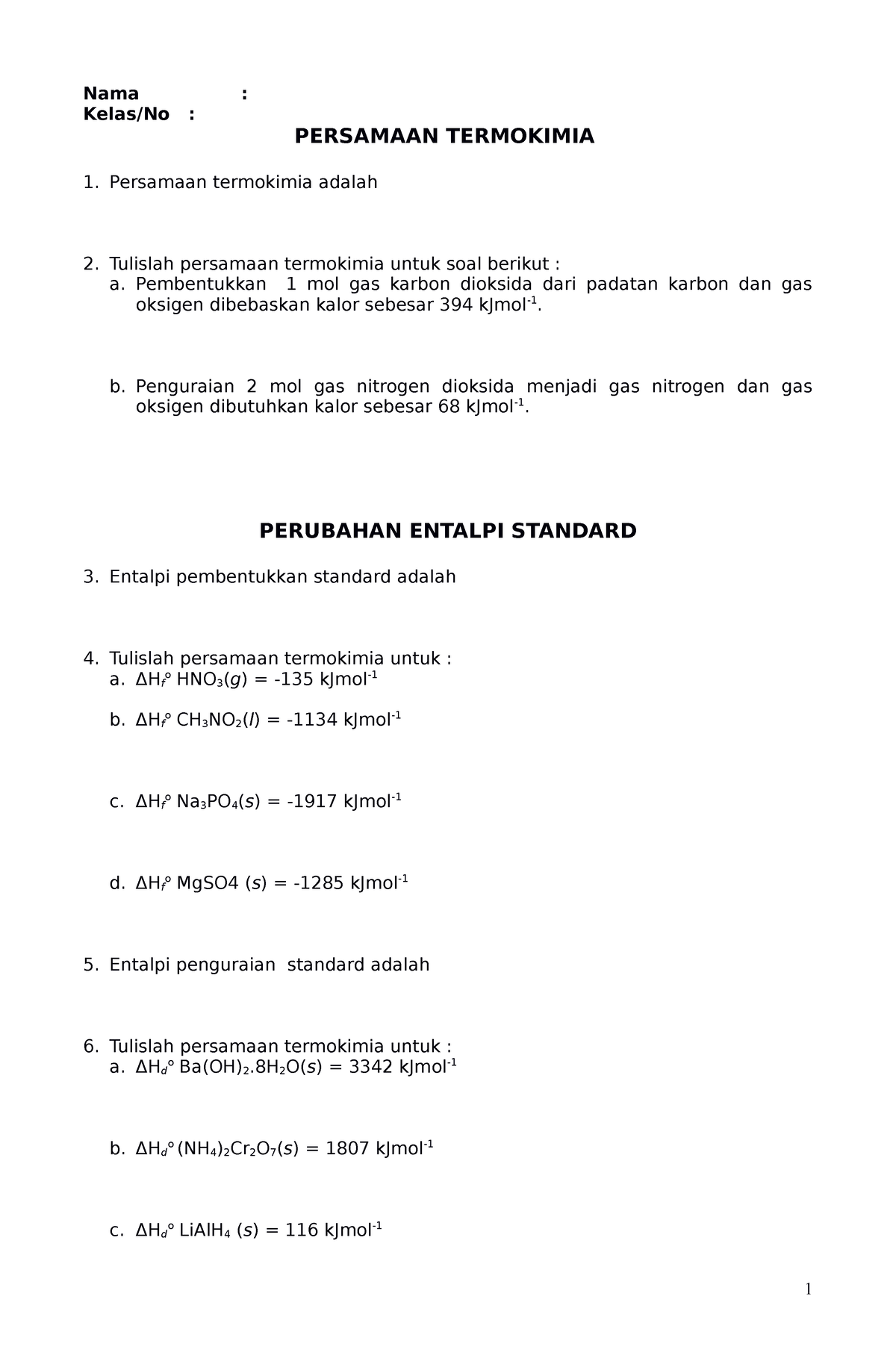 Persamaan Termokimia LKS - Nama : Kelas/No : PERSAMAAN TERMOKIMIA ...