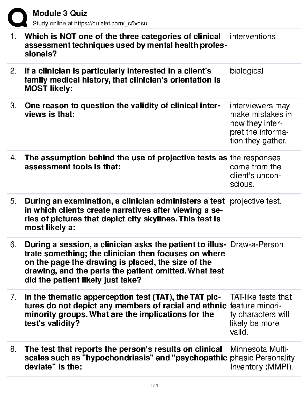 Module 3 Quiz - Introduction To Abnormal Psychology Psyc 4082 - Module ...