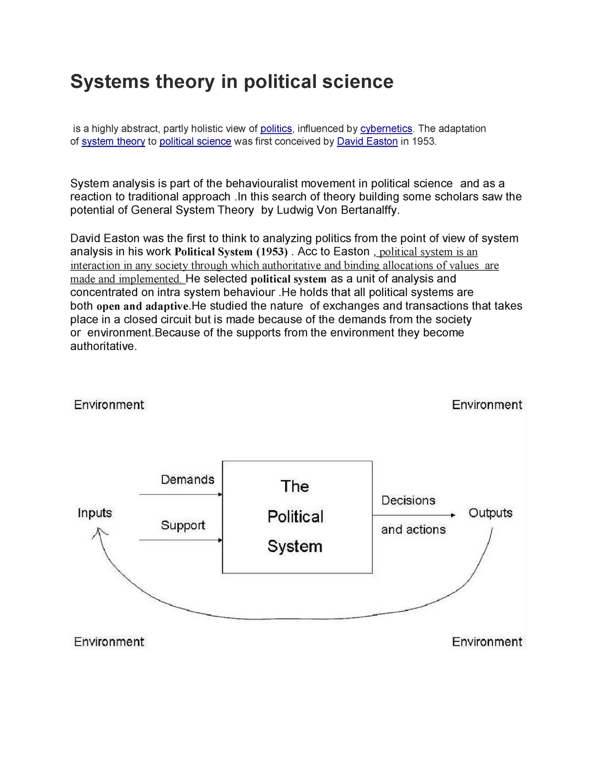 Systems Theory In Political Science David Easton Systems Theory In 