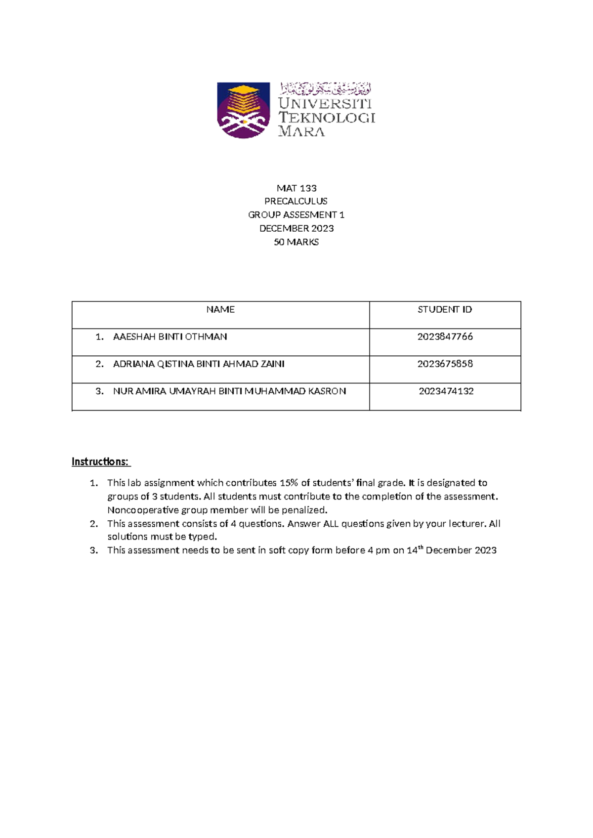 Group Assessment MAT133 - MAT 133 PRECALCULUS GROUP ASSESMENT 1 ...