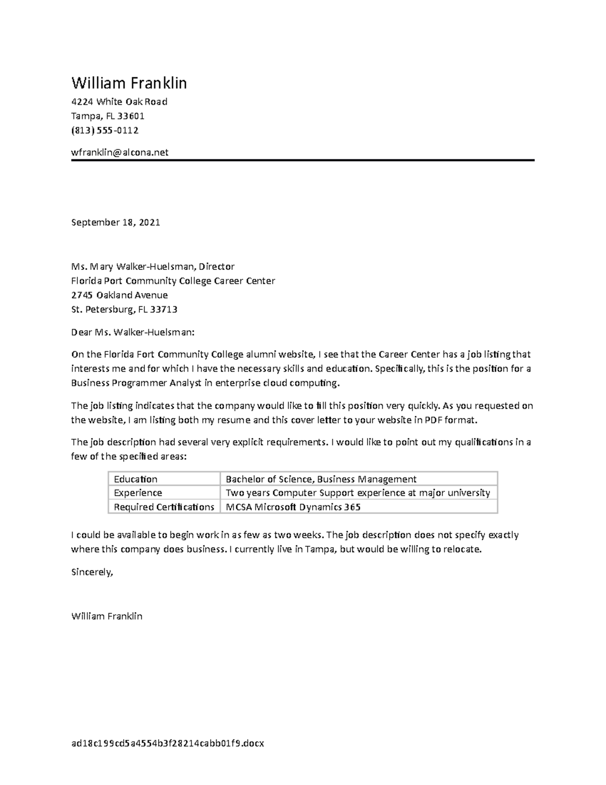 Nguyen Word 2G Letter and Resume - William Franklin 4224 White Oak Road ...