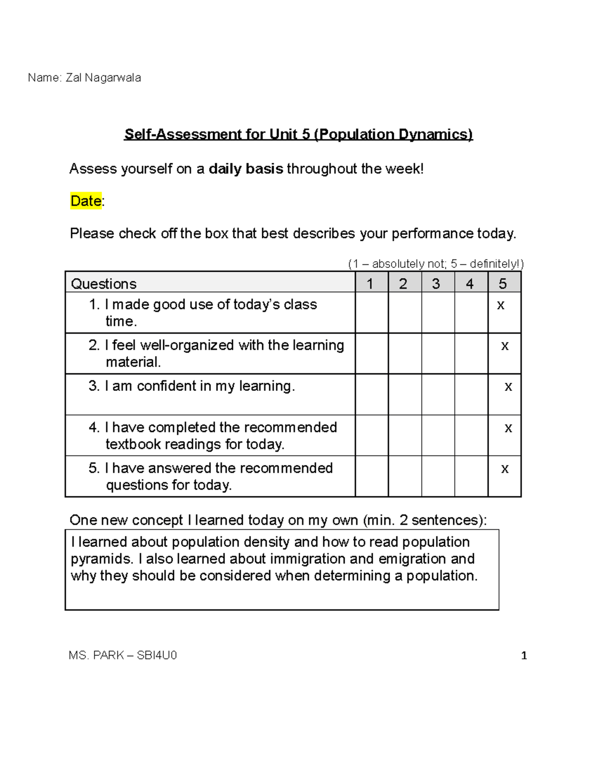 Self assessment - Name: Zal Nagarwala Self-Assessment for Unit 5 ...