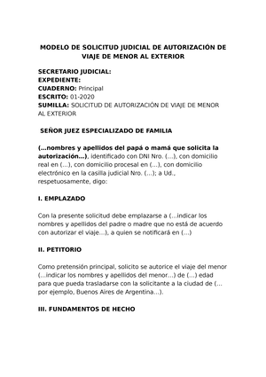 Modelo DE Solicitud Judicial DE Autorización DE Viaje DE Menor AL Exterior  autorizacion de viaje - Studocu