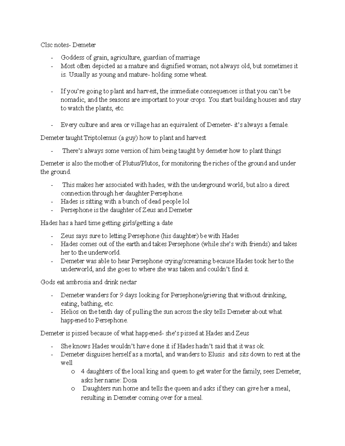 Notes 15 demeter - Clsc notes- Demeter Goddess of grain, agriculture ...