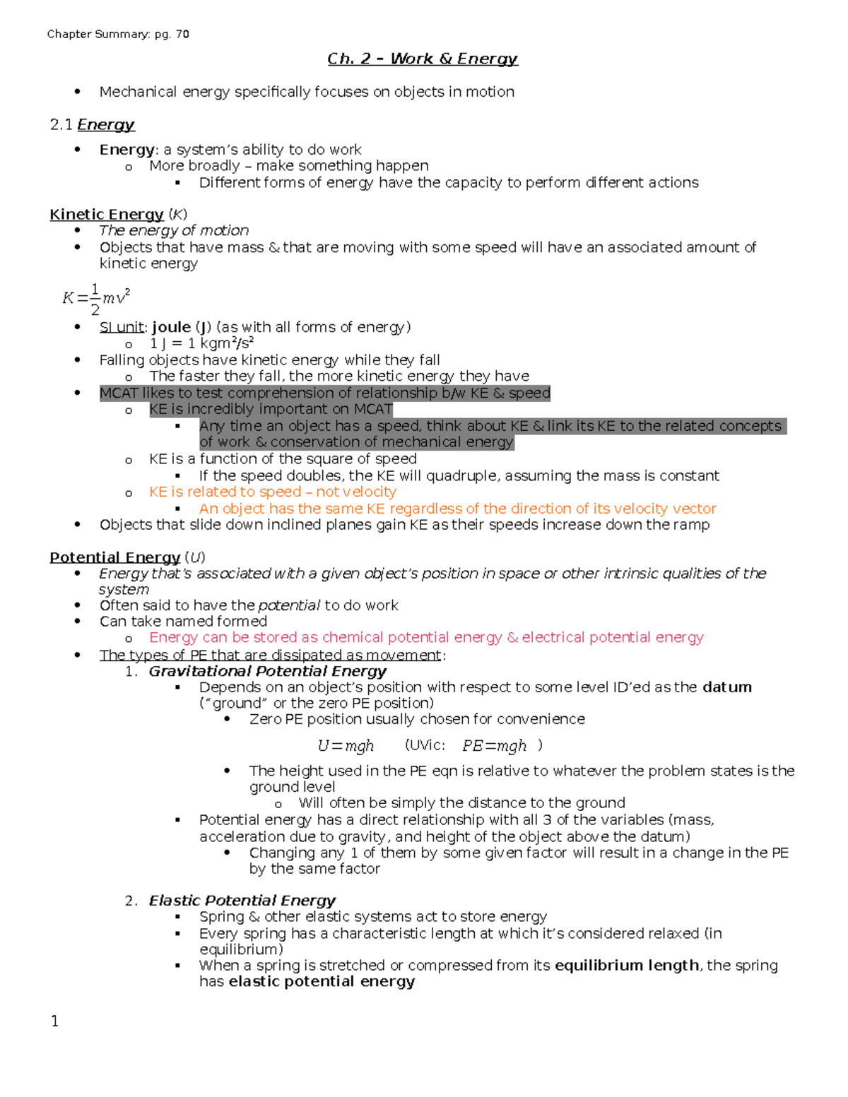 Work & Energy sum notes - Ch. 2 – Work & Energy Mechanical energy ...