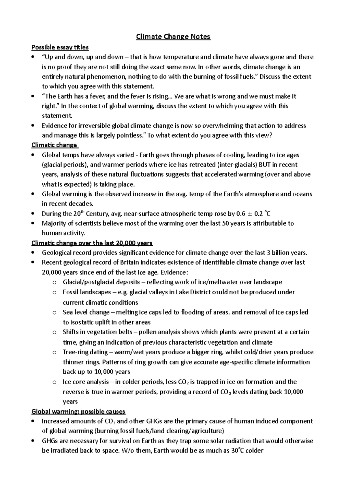 Climate Change Notes - Climate Change Notes Possible essay titles “Up ...