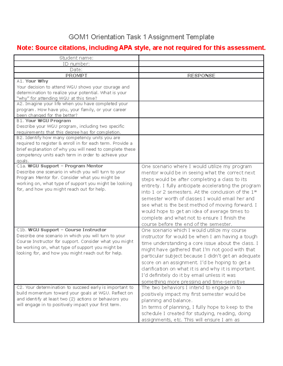 Orientation Tasks - Student Name: ID Number: Date: PROMPT RESPONSE A1 ...