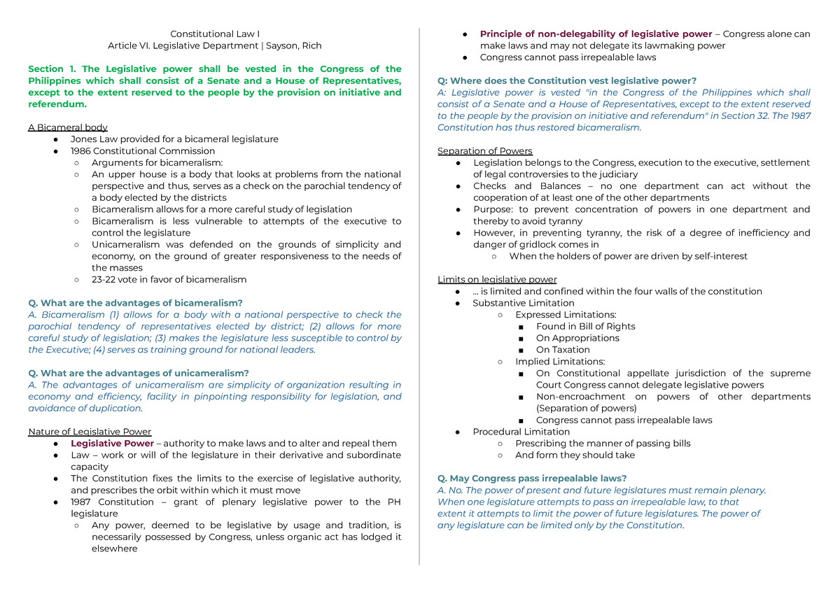 Constitutional Law I Article VI Legislat - Constitutional Law I Article ...