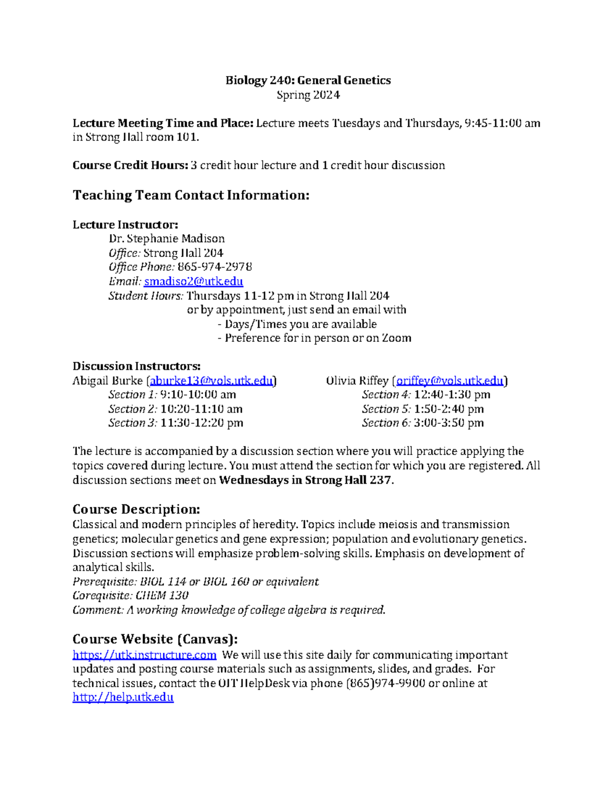Spring 2024 Genetics Syllabus - Biology 240 : General Genetics Spring ...