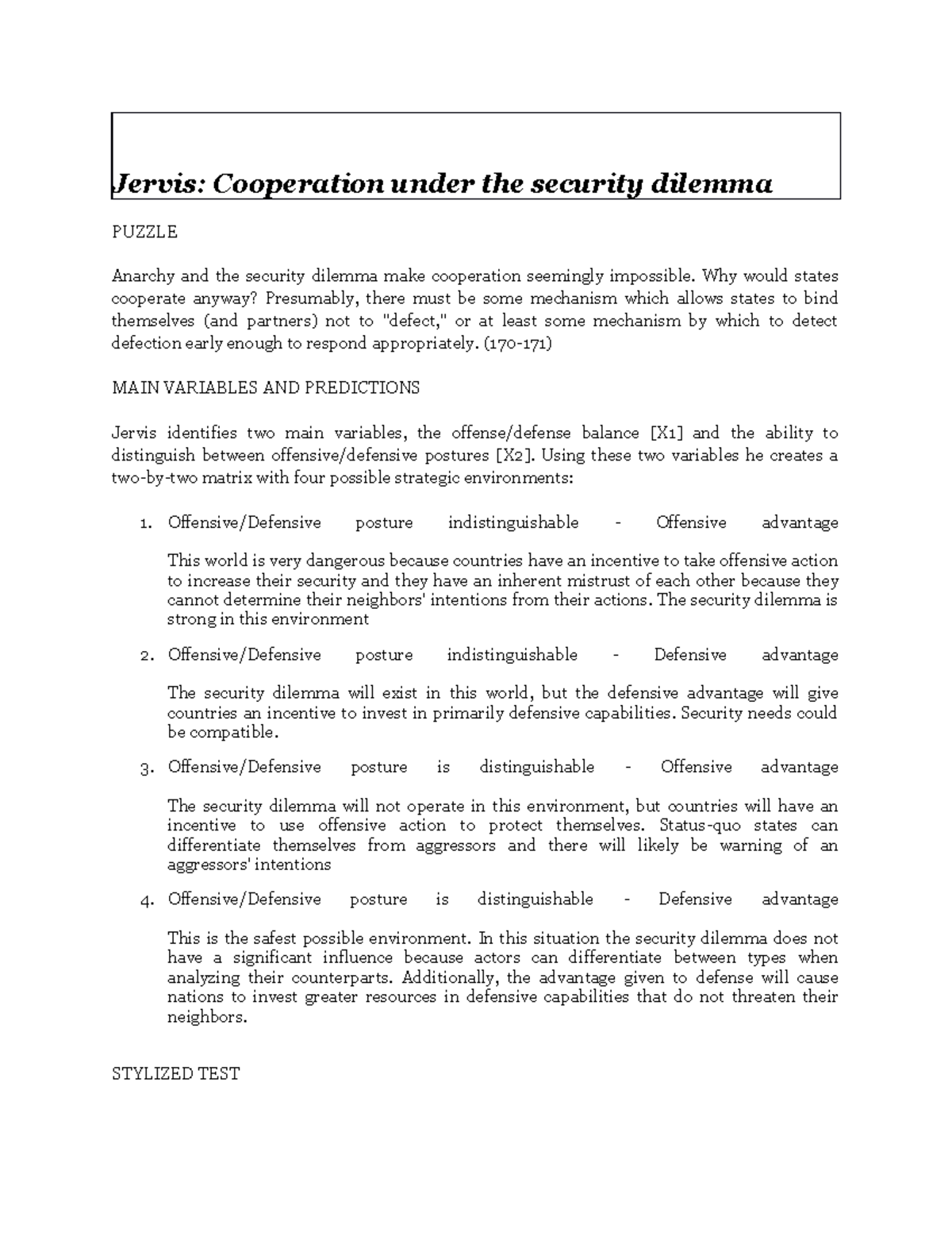 Jervis Cooperation under the security dilemma - Jervis: Cooperation ...