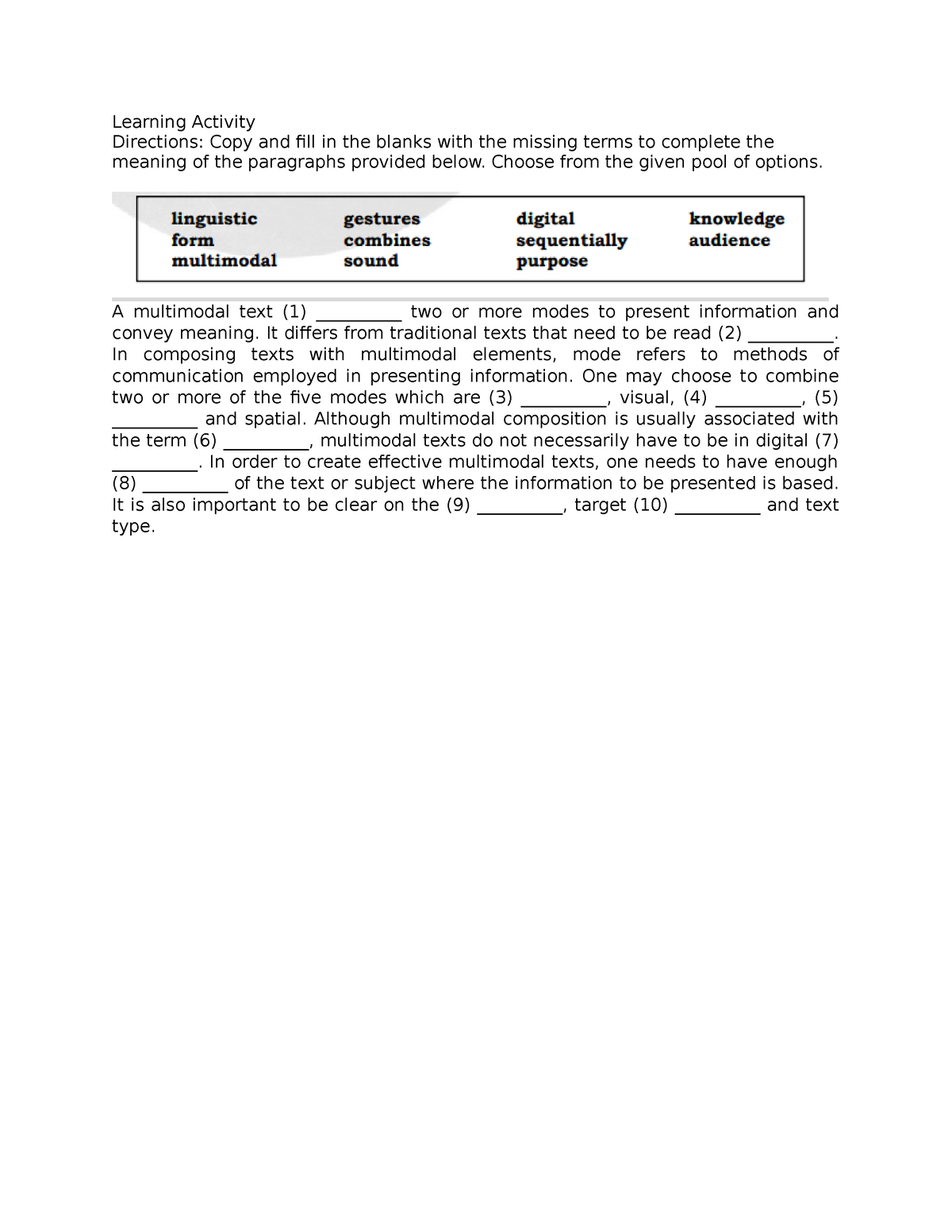 Learning Activity - N/a - Learning Activity Directions: Copy And Fill ...