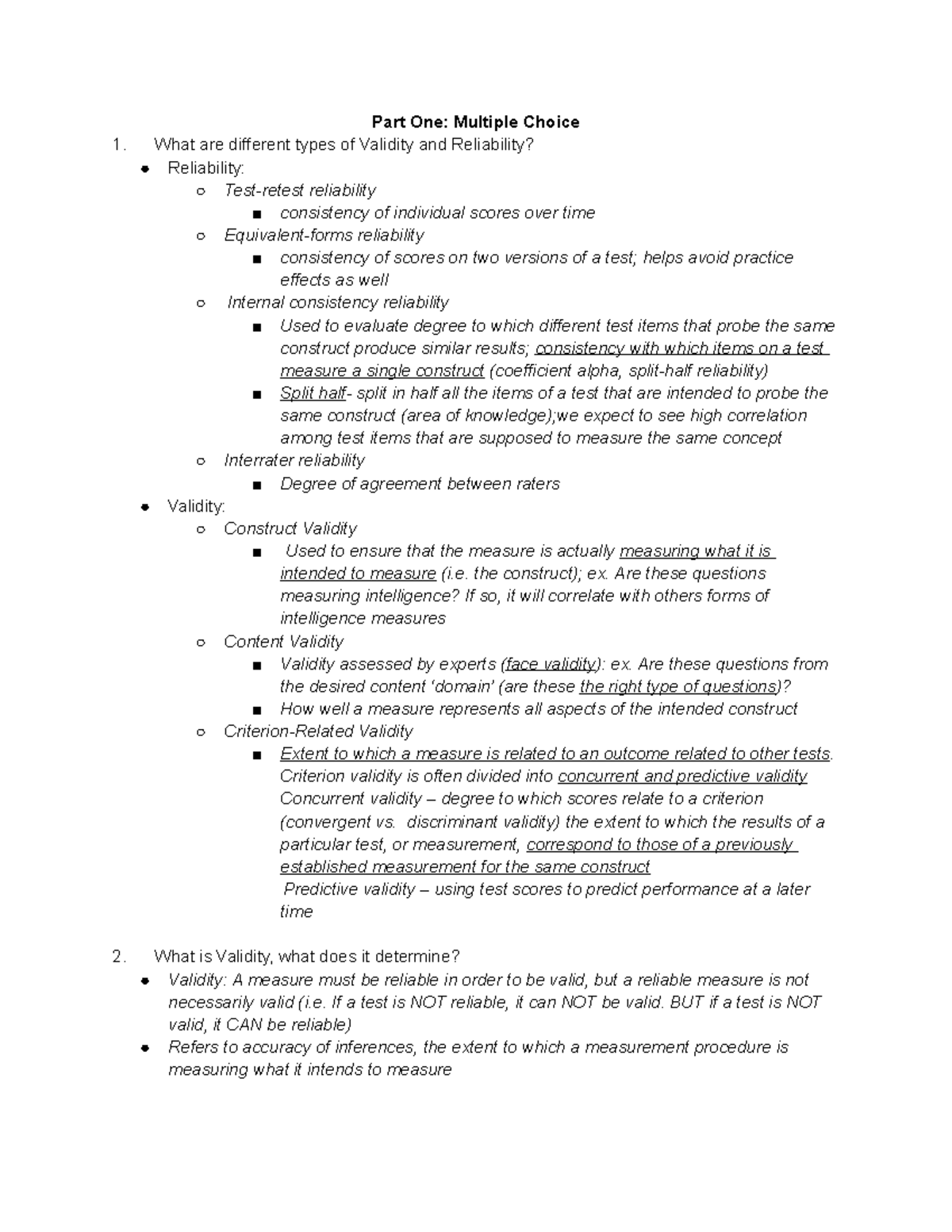Exam 1 625 - Exam 1 Study Guide - Part One: Multiple Choice 1. What are  different types of Validity - StuDocu