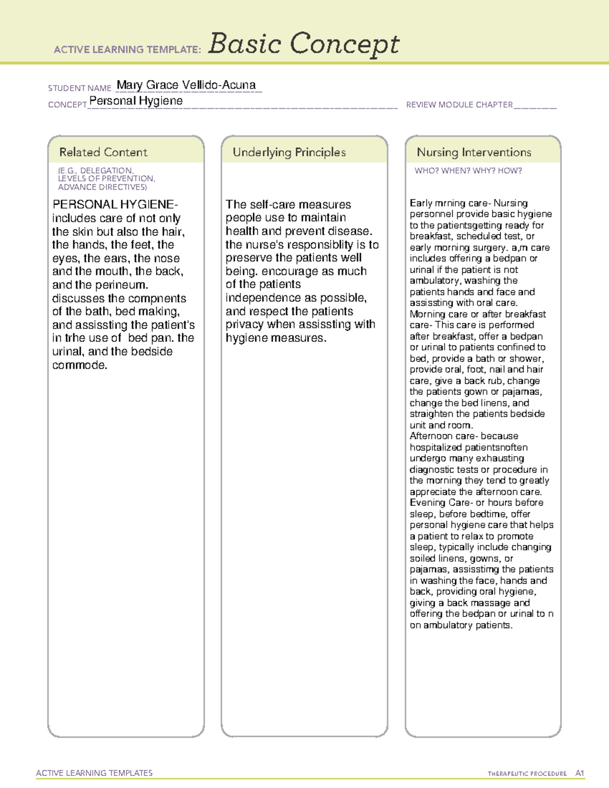 BC Personal Hygiene - ACTIVE LEARNING TEMPLATES THERAPEUTIC PROCEDURE A ...