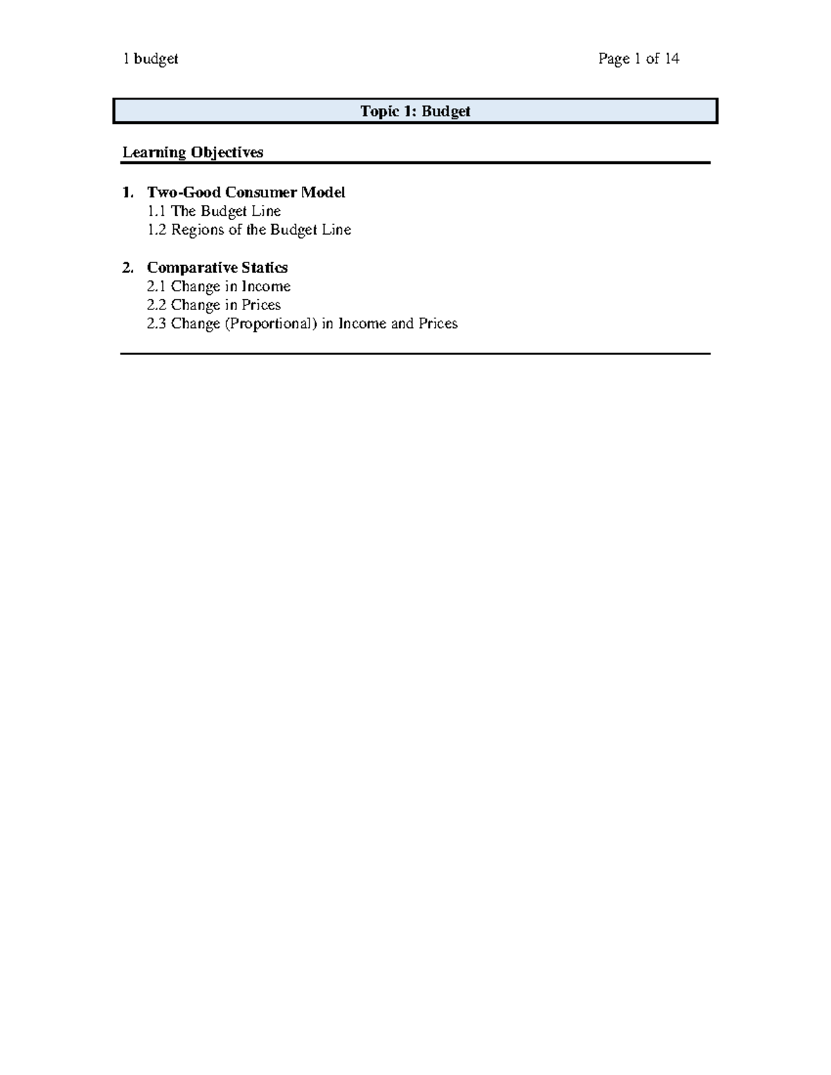 Topic 1- Budget - .... - Topic 1: Budget Learning Objectives Two-Good ...