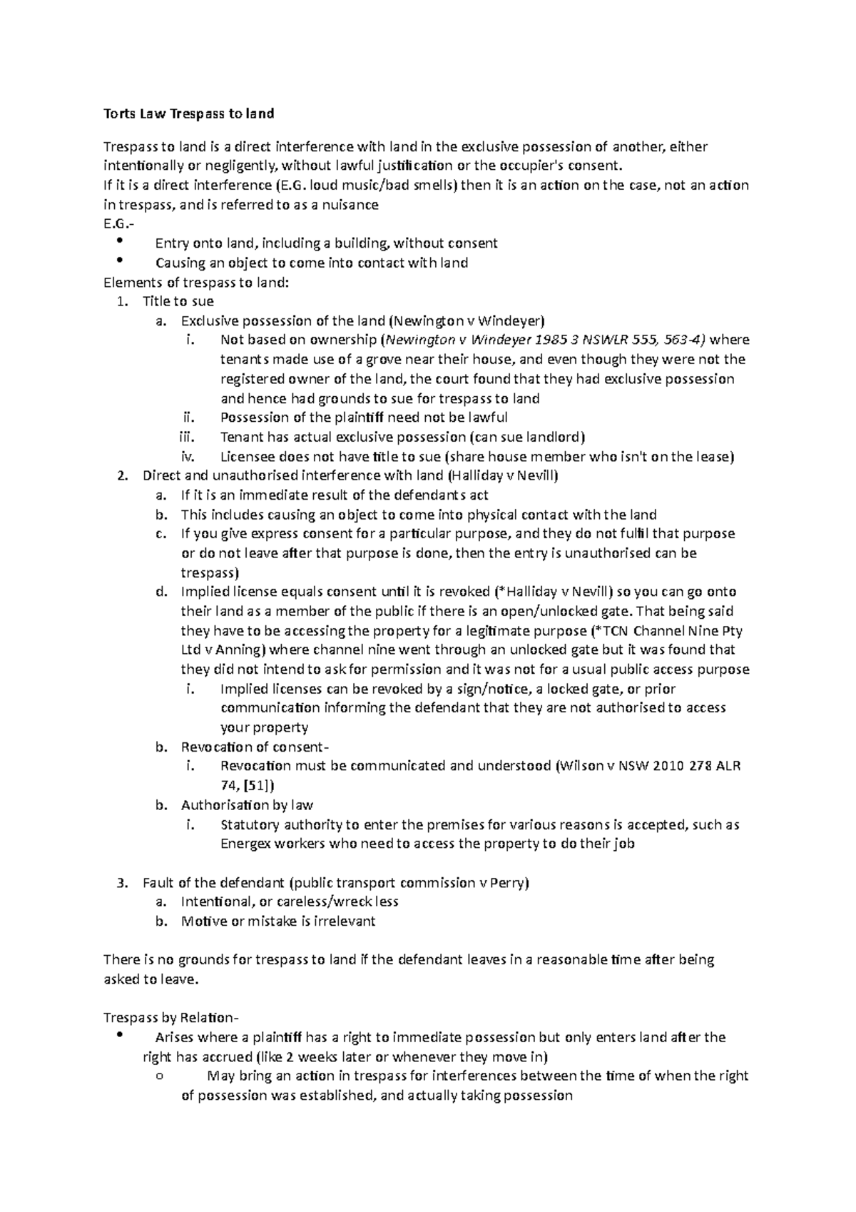 Trespass to Land - Lecture notes 2 - Torts Law Trespass to land ...