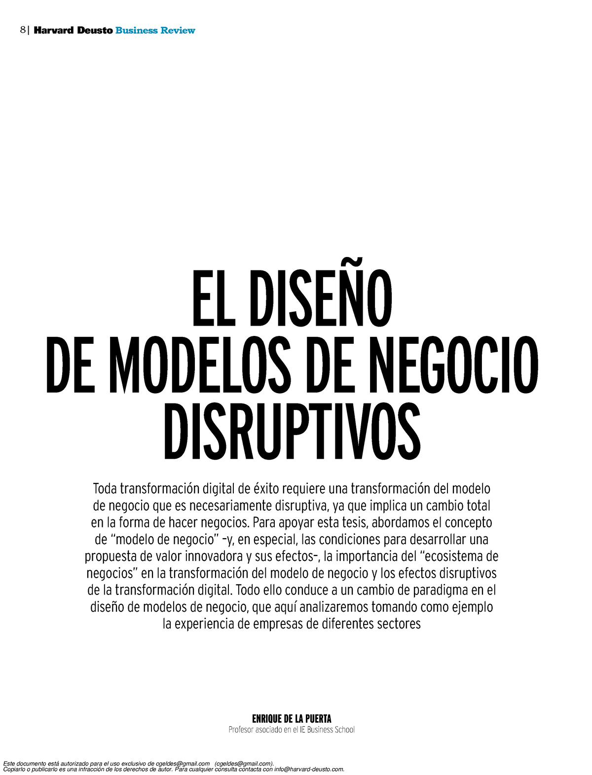  El diseño de modelos de negocio disruptivos - 8|Harvard Deusto  Business Review Toda - Studocu