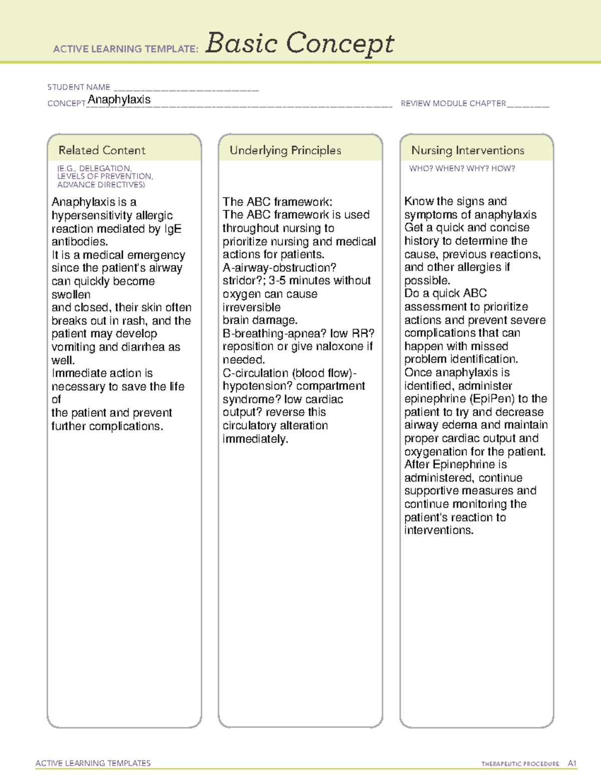 Anaphylaxis ati - ati - NUR 448 - ACTIVE LEARNING TEMPLATES TherapeuTic ...