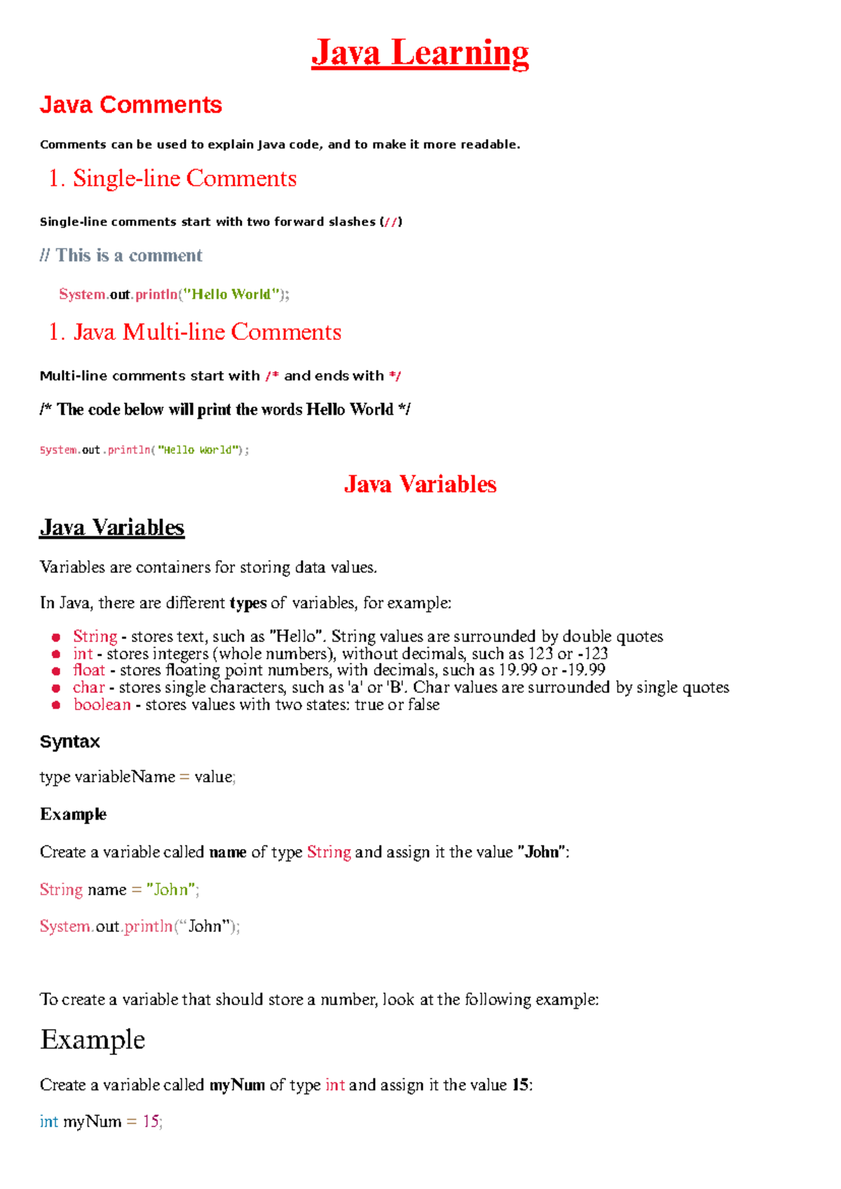 Java full learning - Like - Java Learning Java Comments Comments can be ...