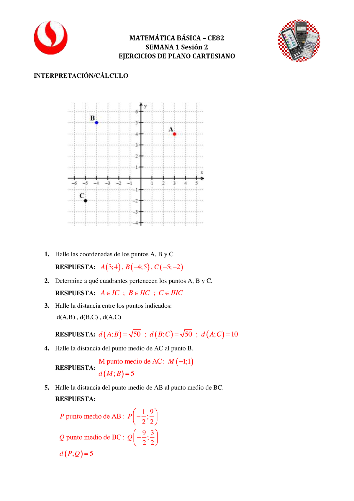 Ce Semana Sp Ejercicios De Plano Cartesiano Y Recta Respuestas Matemtica B