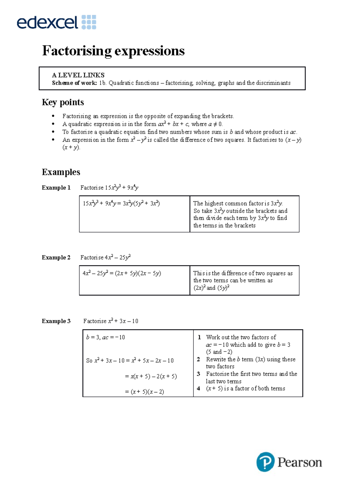 1b 1 Factorising Expressions Factorising Expressions A Level Links Scheme Of Work 1b Quadratic Studocu