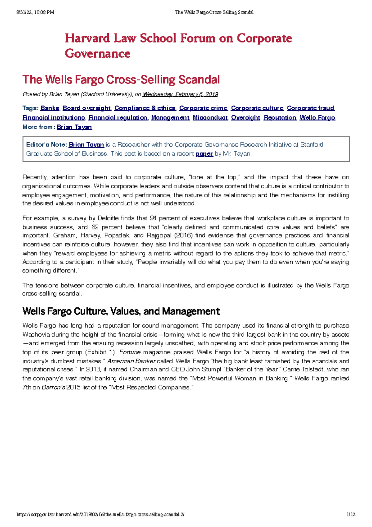 The Wells Fargo Cross-Selling Scandal - Tags: Banks, Board oversight ...
