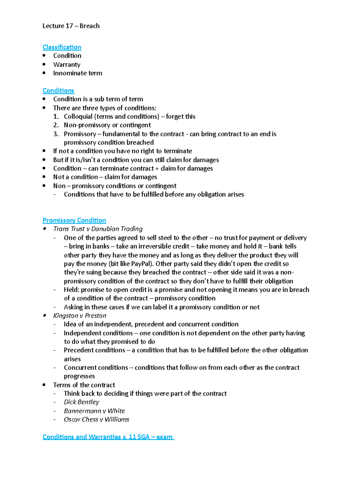 Lecture 17 - Breach - Classification Condition Warranty Innominate term ...