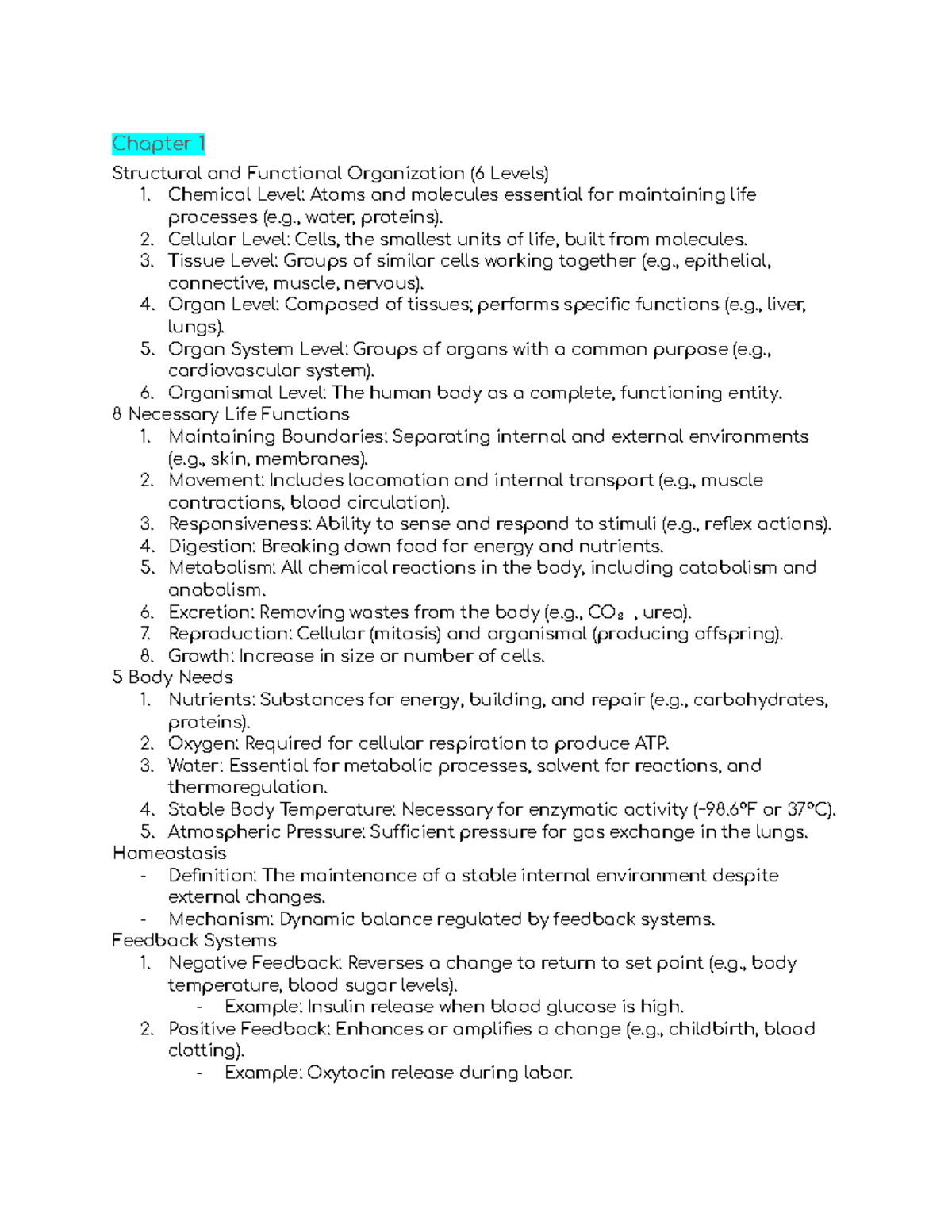 A&P 1 Final Notes - Chapter 1 Structural and Functional Organization (6 ...