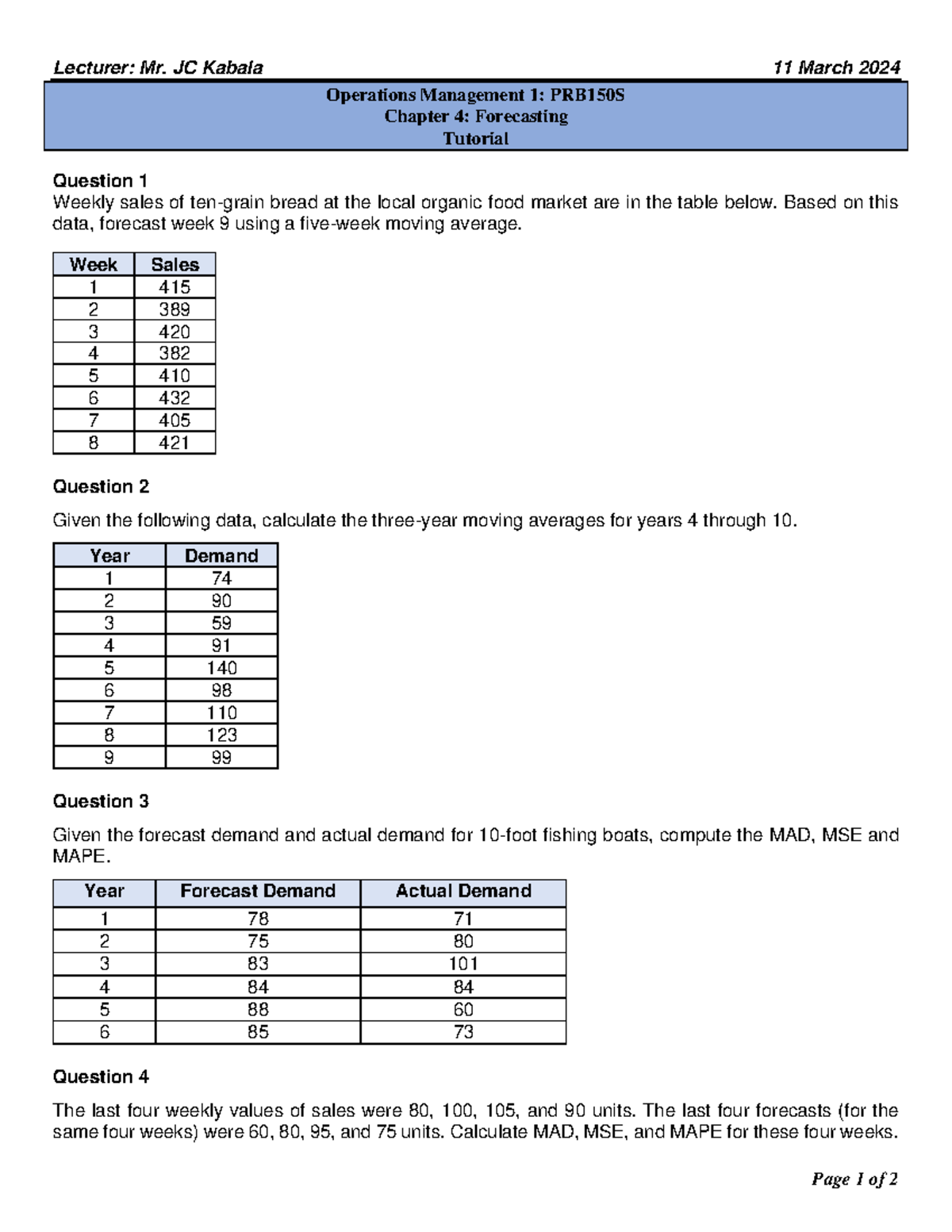 Prb150s Tutorial Chapter 4 2024 Lecturer Mr Jc Kabala 11 March 202 4 Page 1 Of 2 Operations 0494