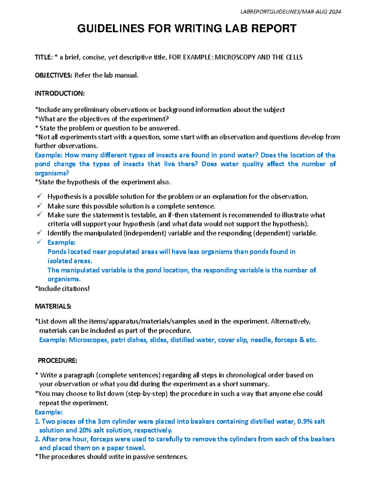 3. Guidelines FOR Writing LAB Report MAR-AUG 2024 - LABREPORTGUIDELINES ...
