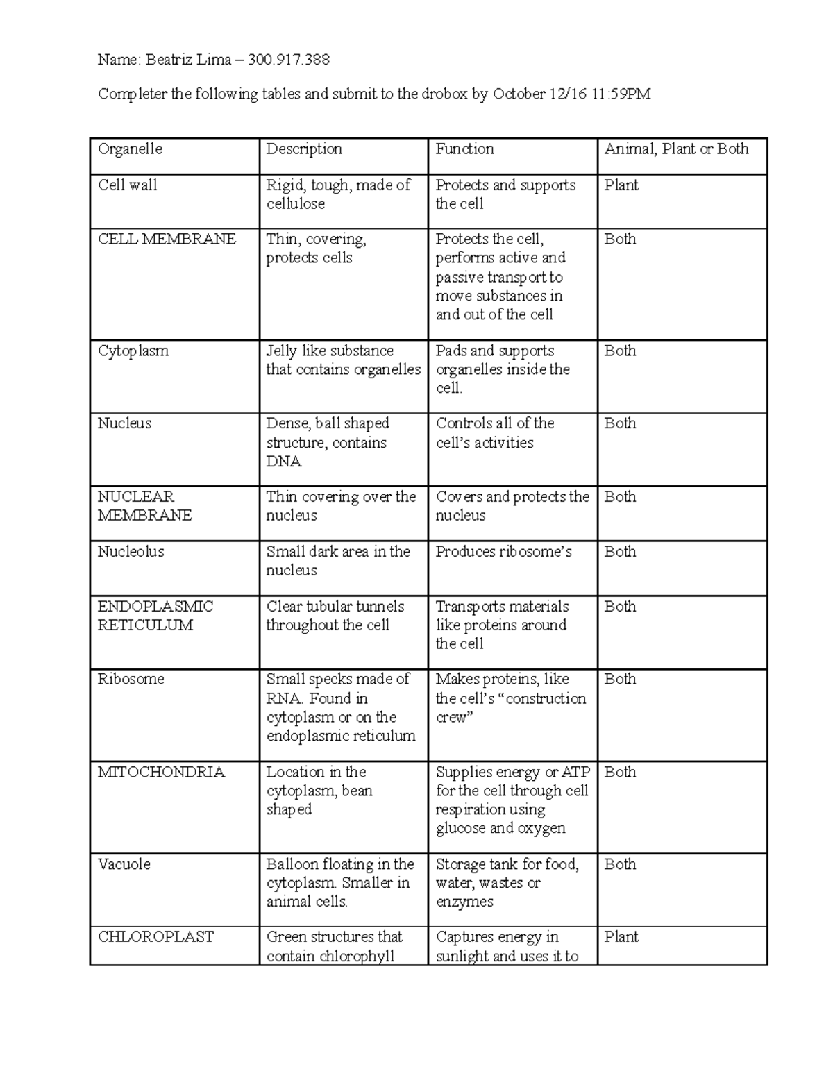 Cell structure and function Worksheet - Name: Beatriz Lima – 300 ...