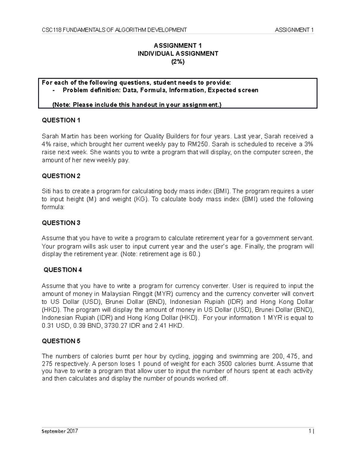 Csc118 Assignment 1 Q Sept2018 Csc118 Fundamentals Of Algorithm Development Assignment 1 Csc118 Assignment 1 Q Sept2018 Csc118 Fundamentals Of Algorithm Development Assignment 1