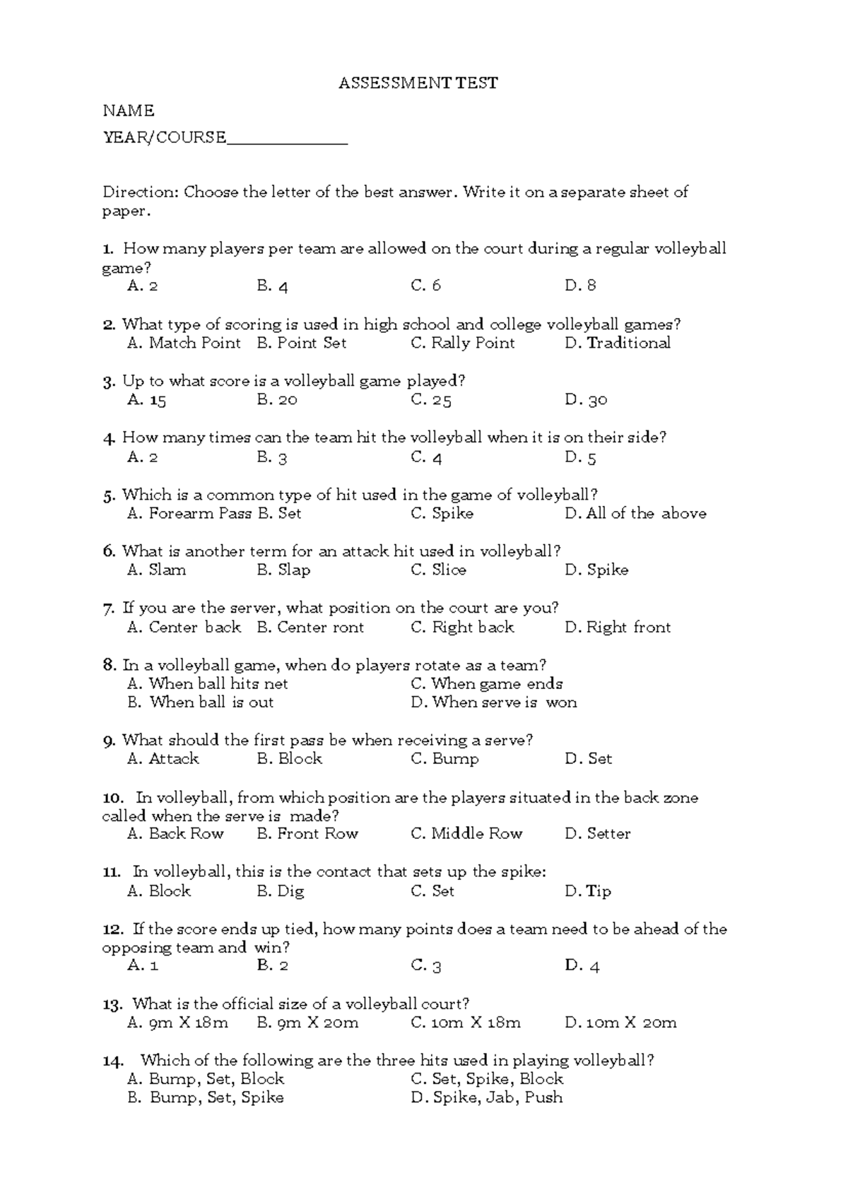 Assessment TEST IN Volleyball PE 4 Teamsports - ASSESSMENT TEST NAME ...