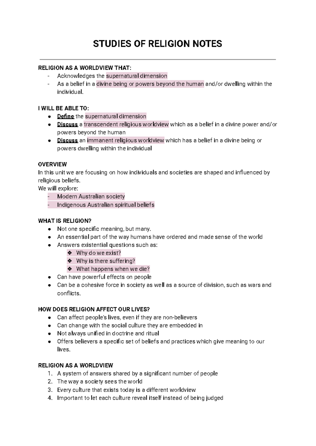 SOR Notes - Preliminary Course - STUDIES OF RELIGION NOTES RELIGION AS ...