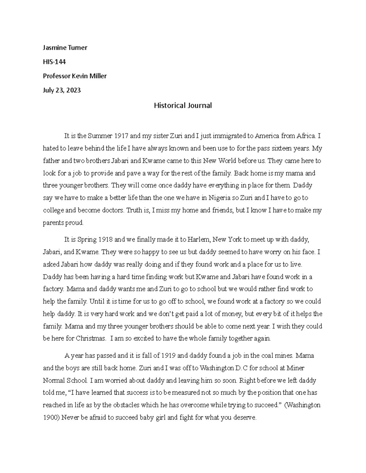 Historical Journal Class taught by Professor Miller HIS144 GCU