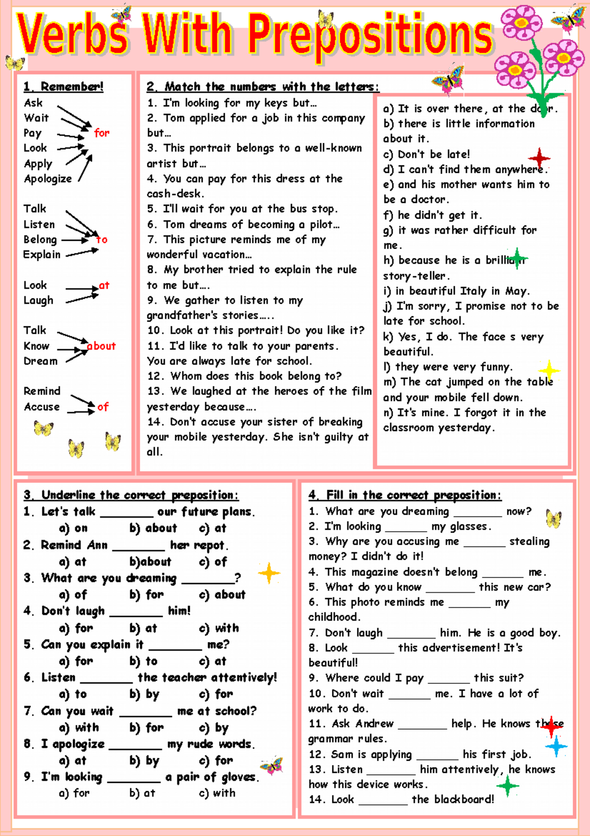 Verbs WITH Prepositions - 1. Remember! Ask Wait Pay for Look Apply ...