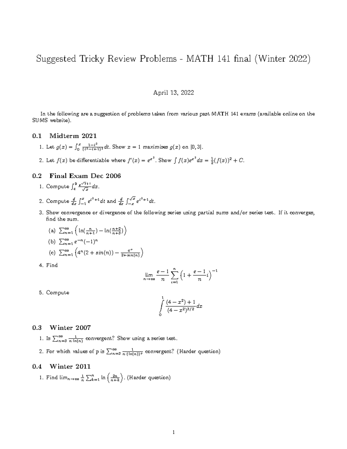 Suggested Review Problems - MATH 141 - Suggested Tricky Review Problems ...