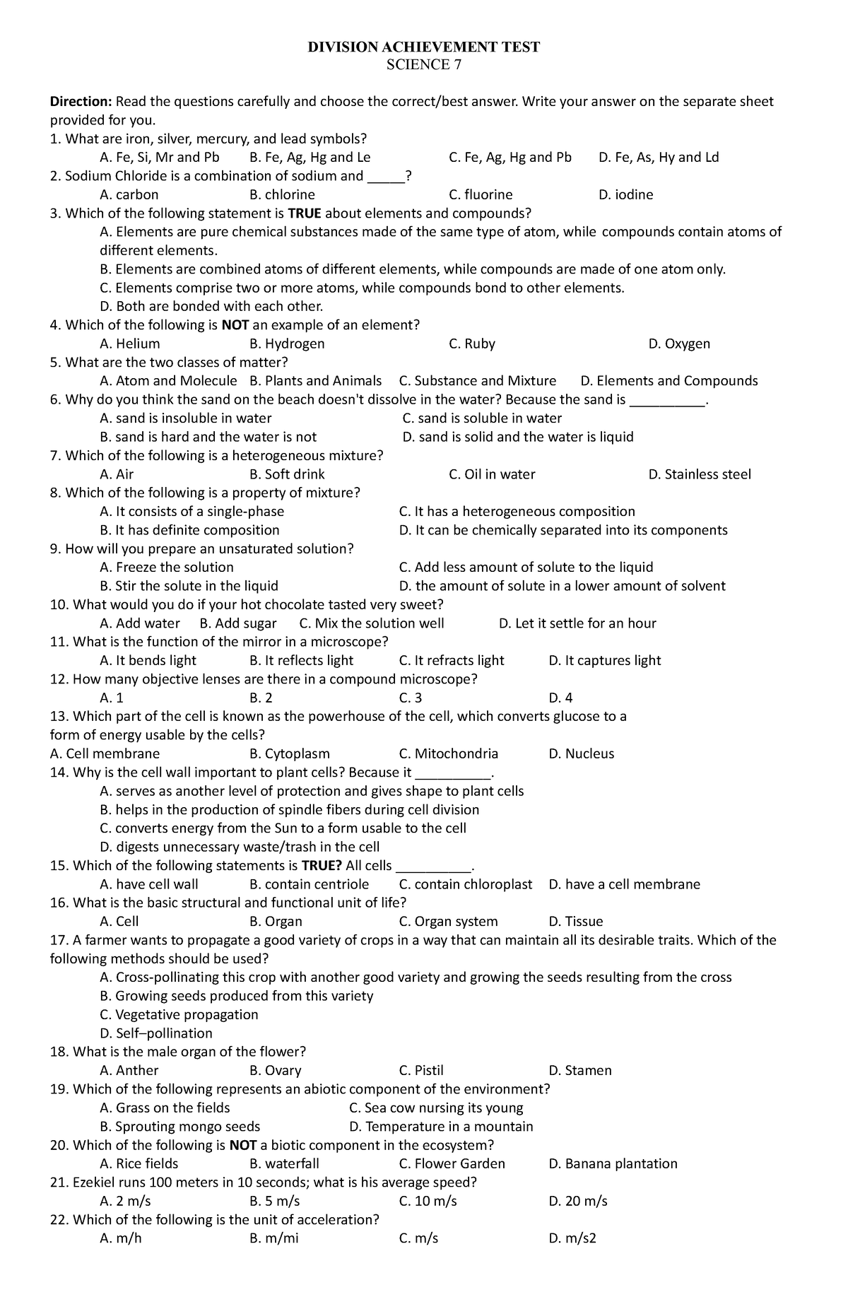 Division Achievement TEST - DIVISION ACHIEVEMENT TEST SCIENCE 7 ...