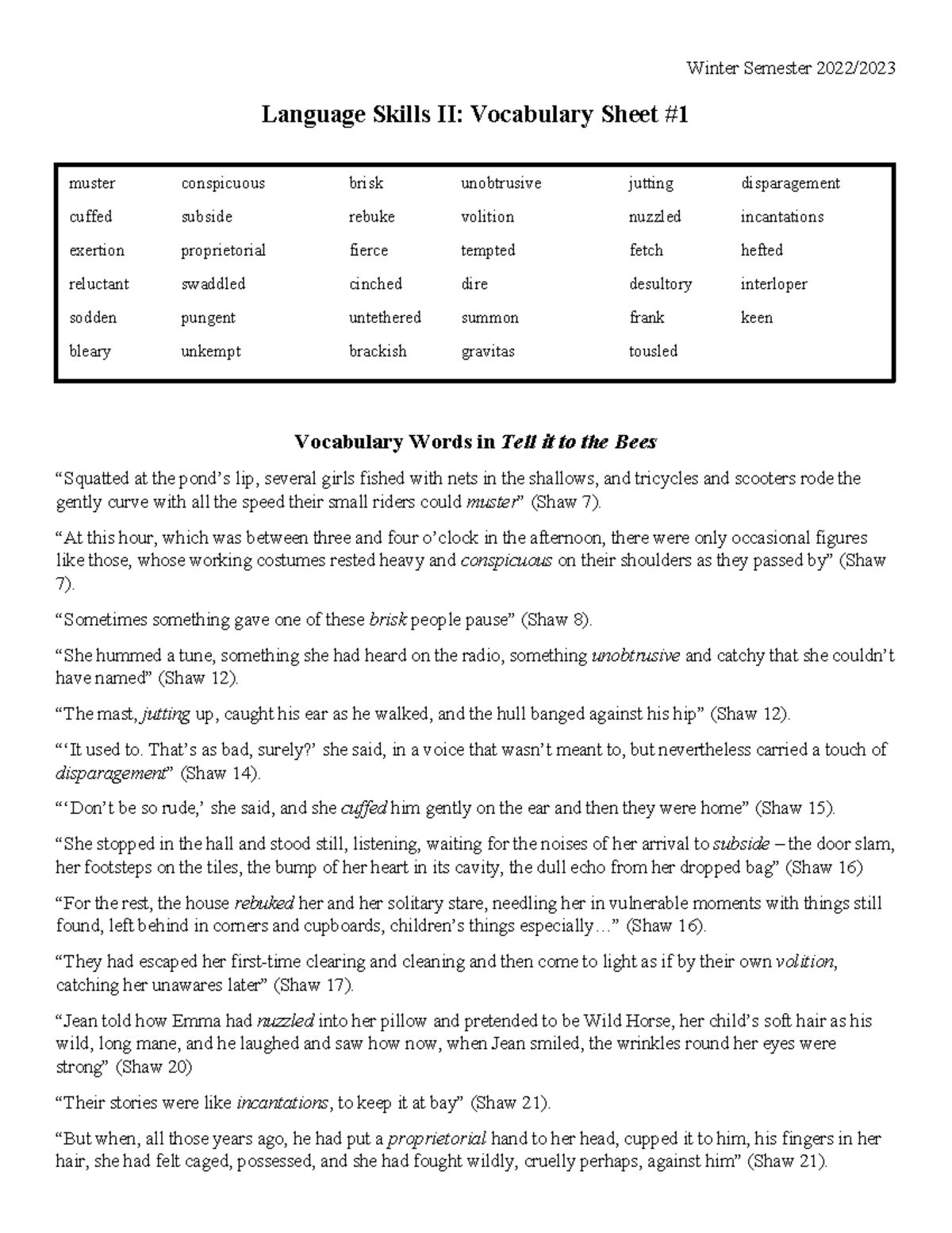 LS II Vocabulary Homework 1 Language Skills II Vocabulary Sheet 