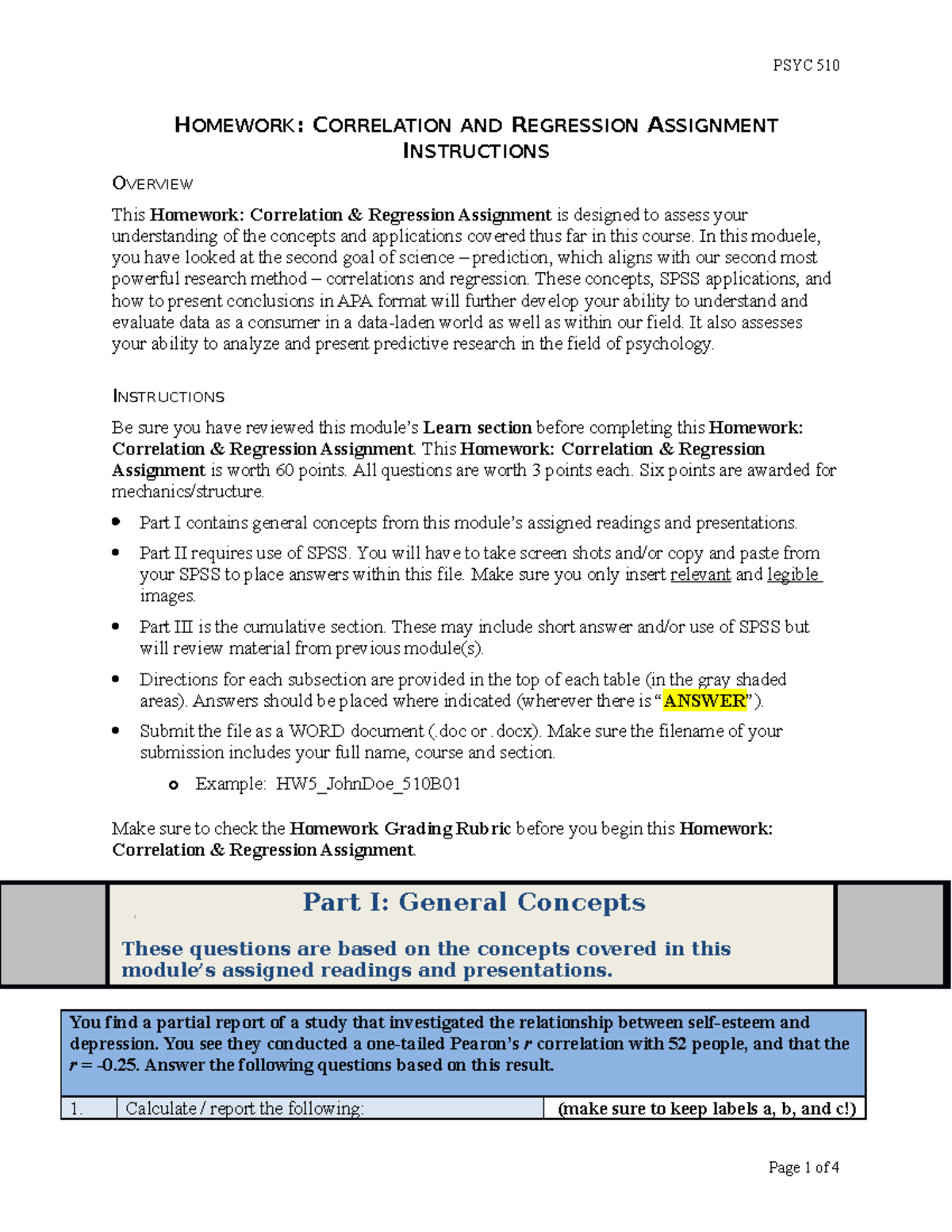 homework correlation and regression assignment instructions