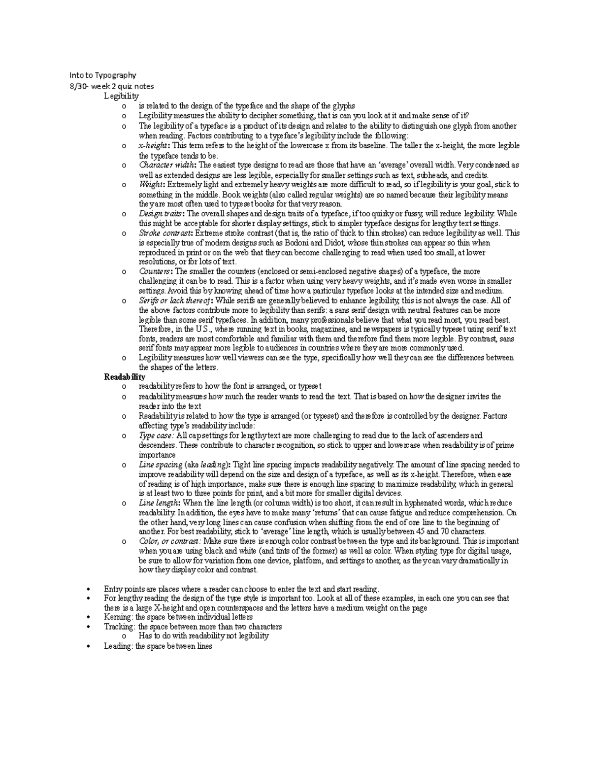Into to Typography - typog notes - Into to Typography 8/30- week 2 quiz ...