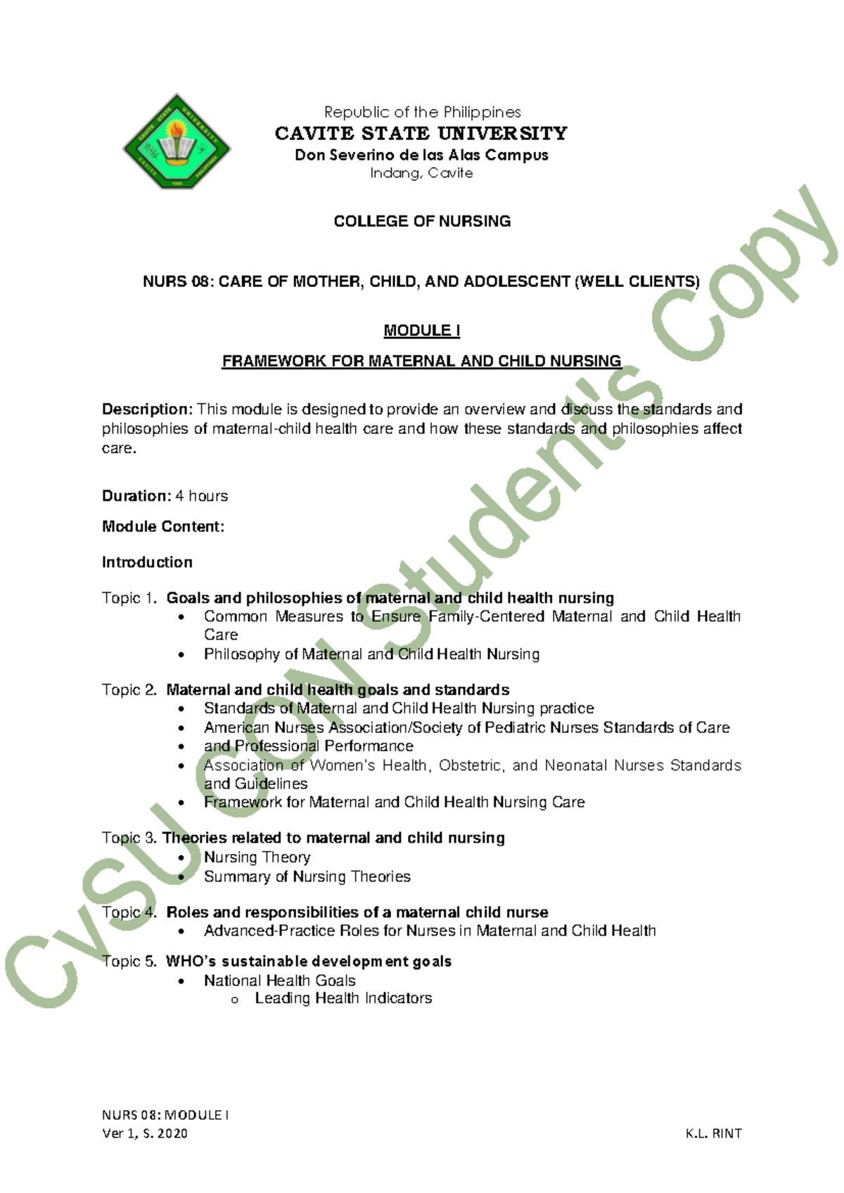 Module I - Framework for Maternal and Child Nursing - NURS 08: MODULE I ...