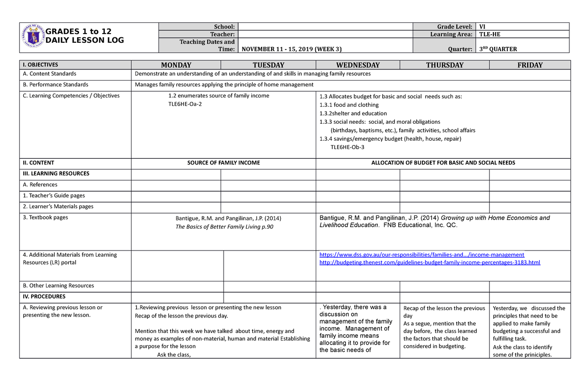 DLL TLE-HE 6 Q3 W3 - Help - GRADES 1 to 12 DAILY LESSON LOG School ...