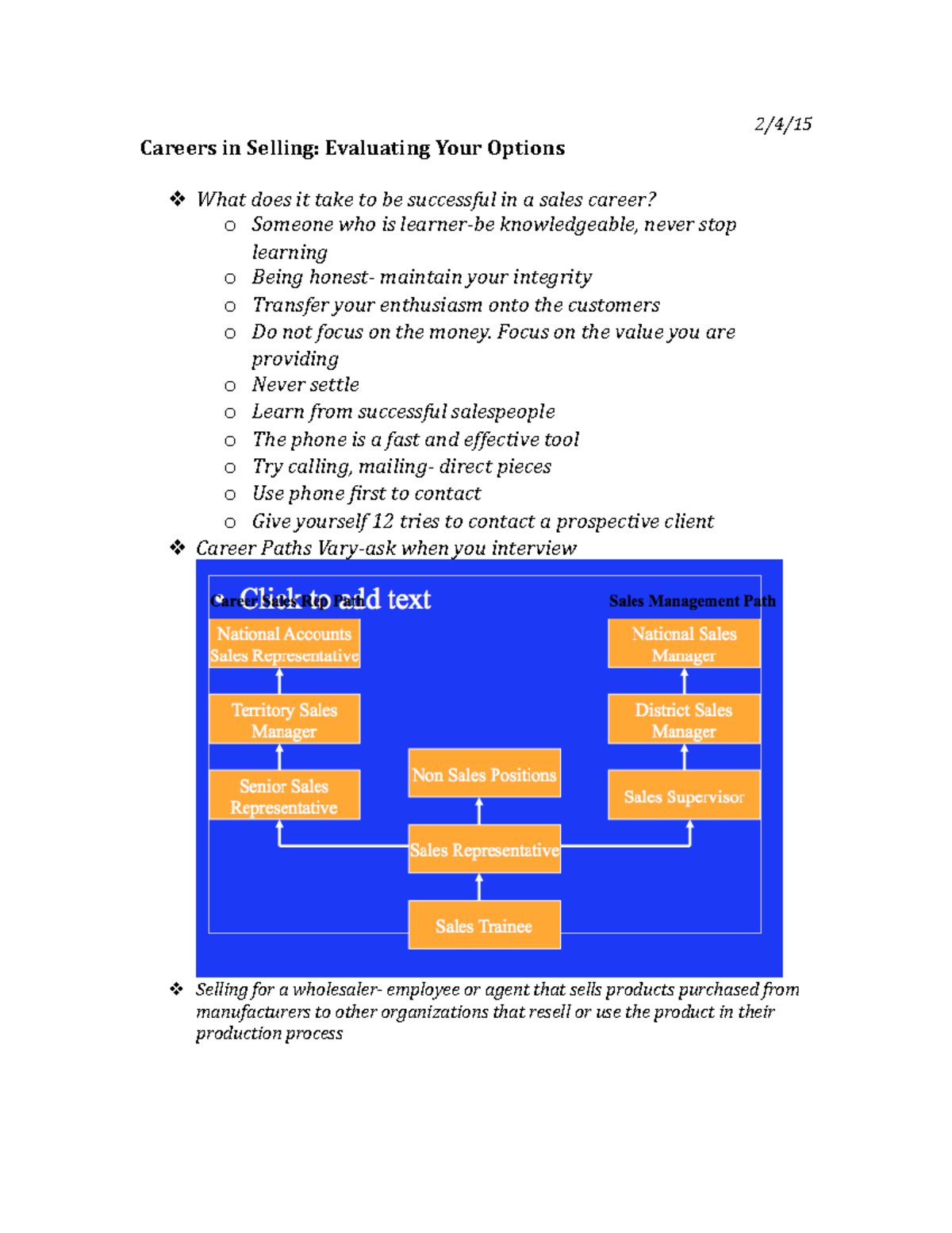 Professional Selling - Summary - 2.4.15 lecture - Careers in Selling ...