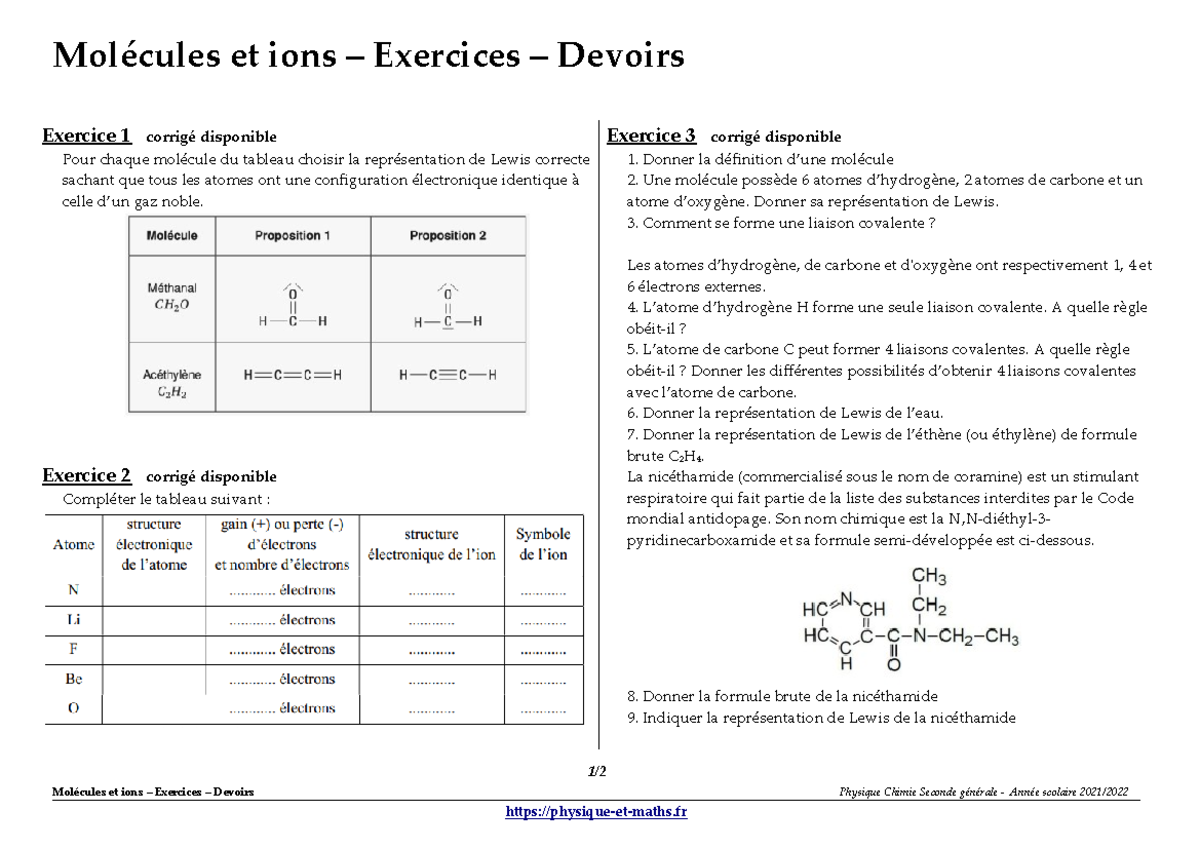 exo pc sur les ions - Molécules et ions – Exercices – Devoirs Exercice