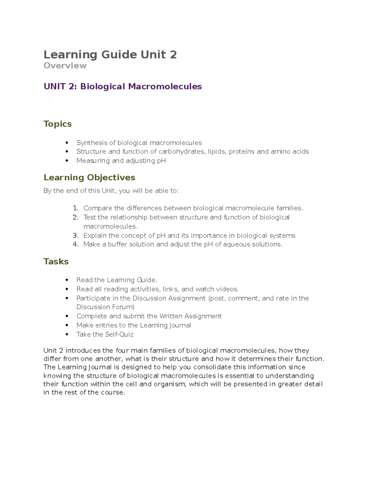 Learning Guide Unit 2 BIOLOGY 1 For Health Studies Majors BIO 1121 ...