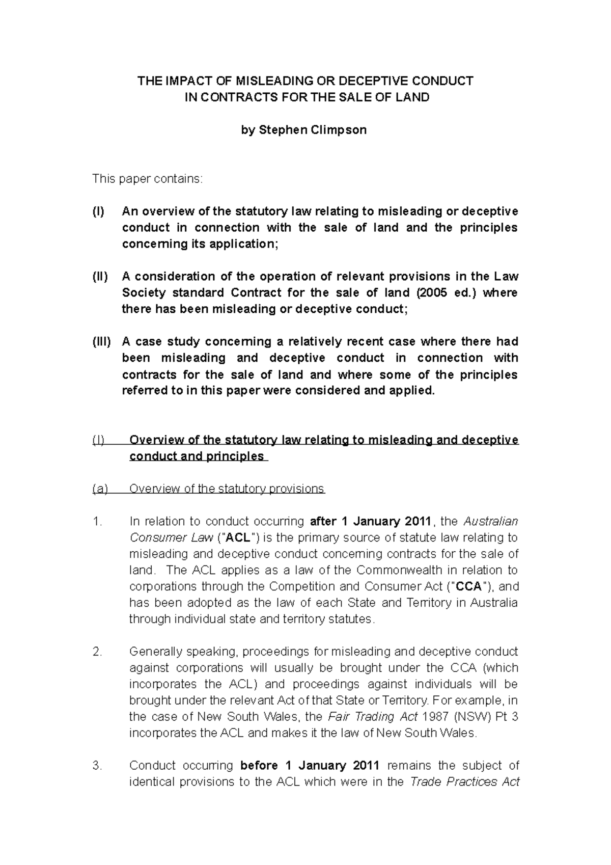 Impact of Misleading or Deceptive Conduct in Contracts for the Sale of ...