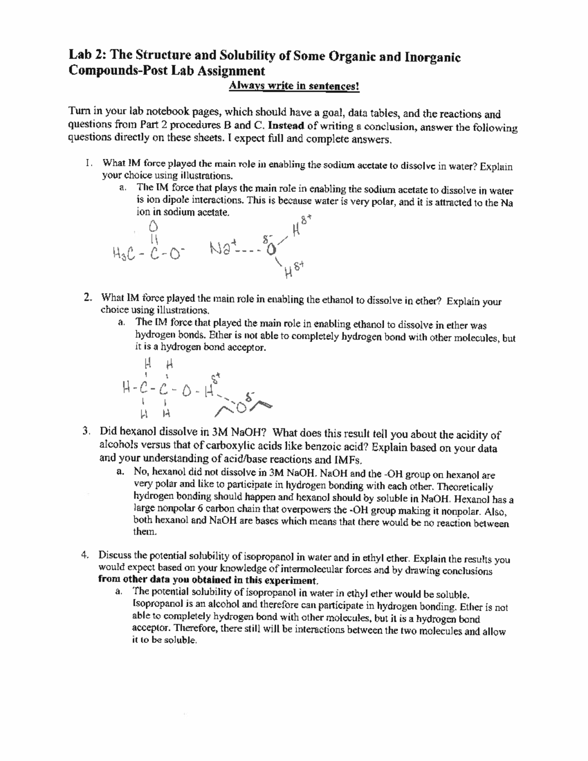 CHM 261 -Post Lab 2 - Post Lab 2 - Lab 2: The Structure and Solubility ...