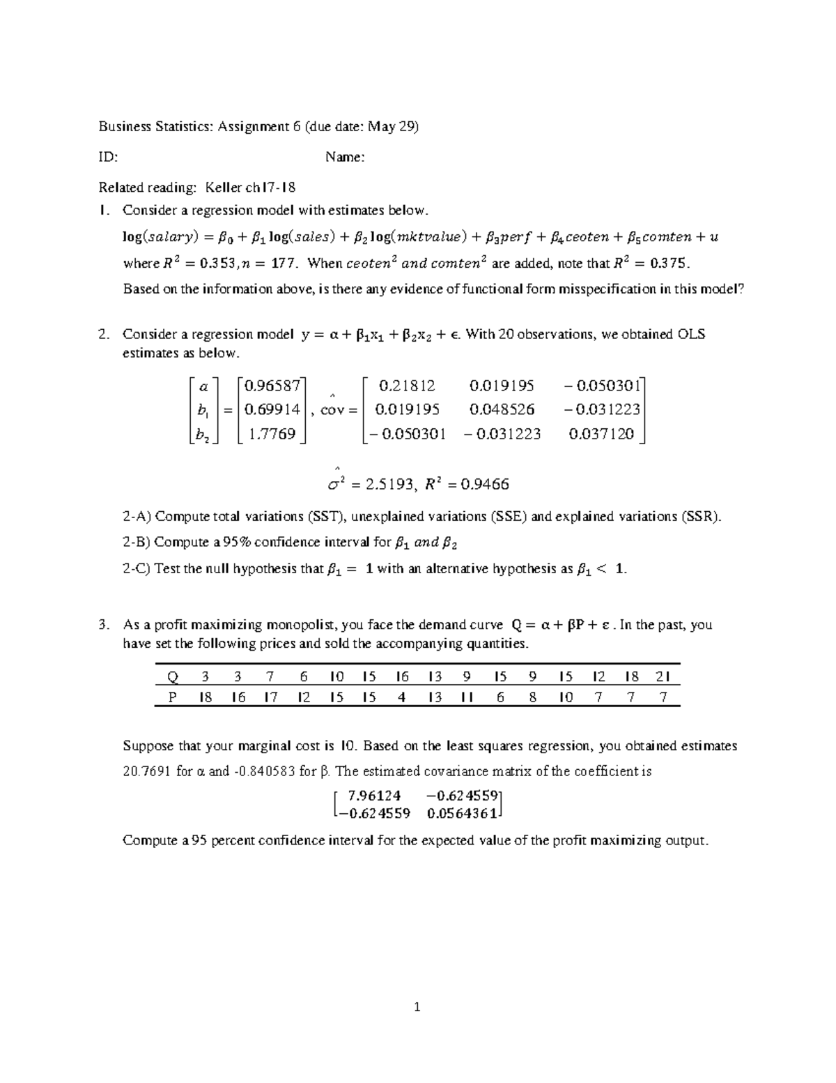 business statistics assignment